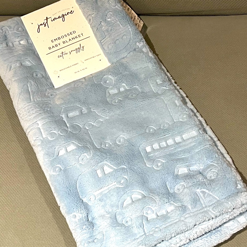 Just Imagine Embossed Baby Blanket Cars Vehicles Embossed Light Blue Boys New